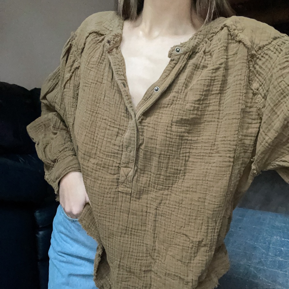 We the free forest green oversized soft linen long sleeve Henley flowy top